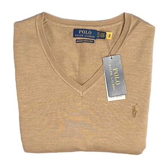 Polo Ralph Lauren Men's XXL V-Neck Sweater Merino Wool Brown NEW - Picture 1 of 12